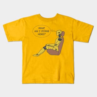 Crash Test Dummy Yellow Man Sitting In Car Seat Ready For Crash Test with Questioning Himself What I am Doing Here? Kids T-Shirt